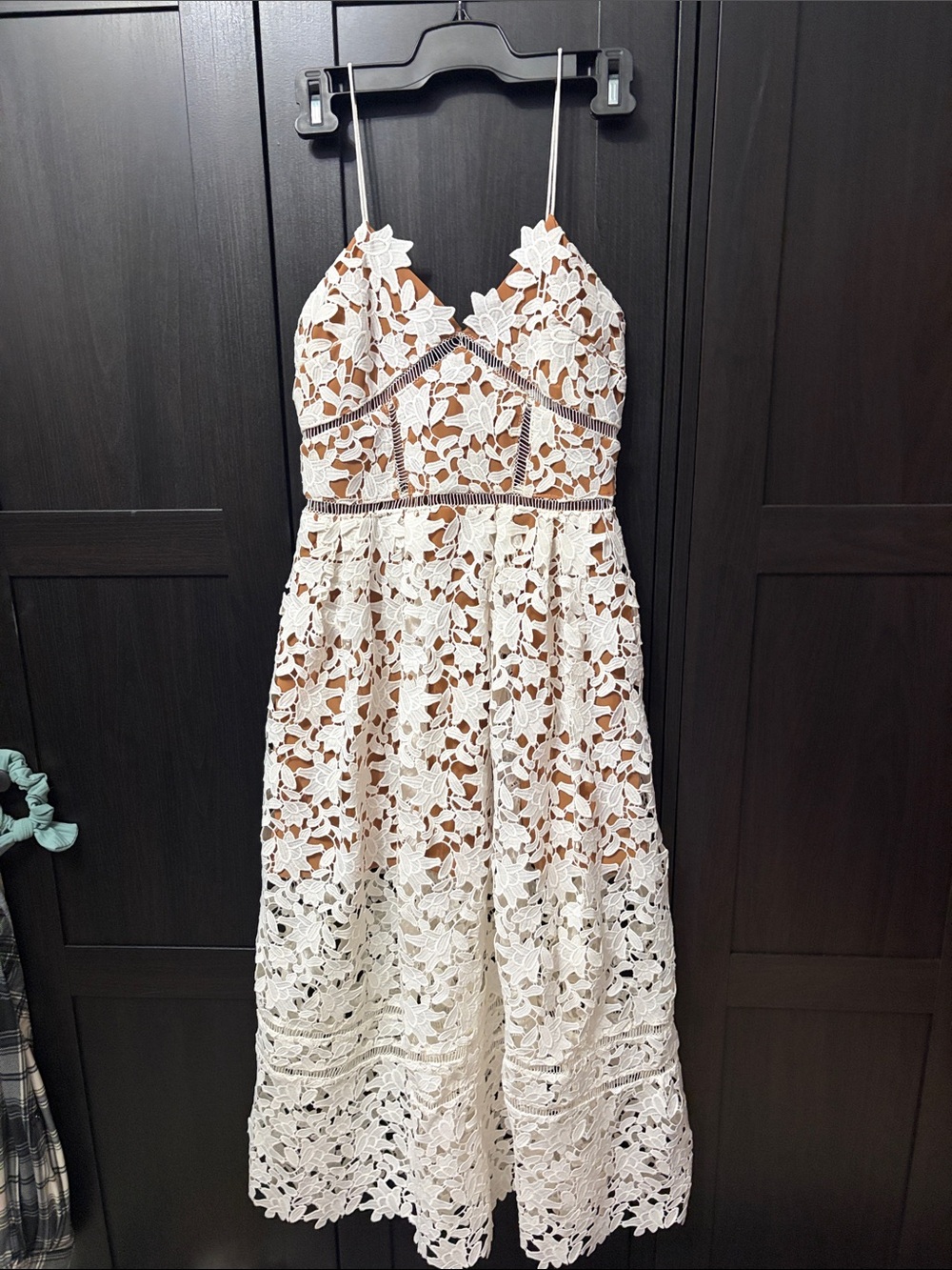 White Floral Lace Midi Dress with Nude Lining